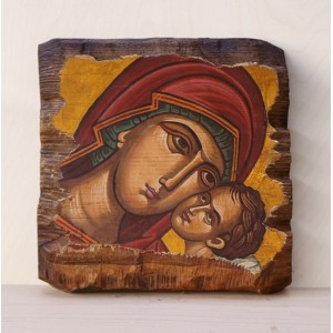 Αγιογραφία σε κορμό ξύλου - Παναγία η βρεφοκρατούσα