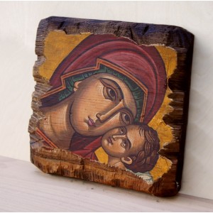 Αγιογραφία σε κορμό ξύλου - Παναγία η βρεφοκρατούσα